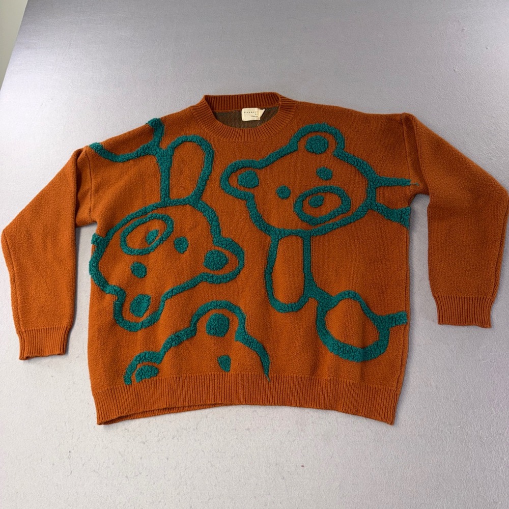 Dreamers by Debut Sweater Womens XS Orange Teal Fuzzy Bear Graphic Knit Pullover
